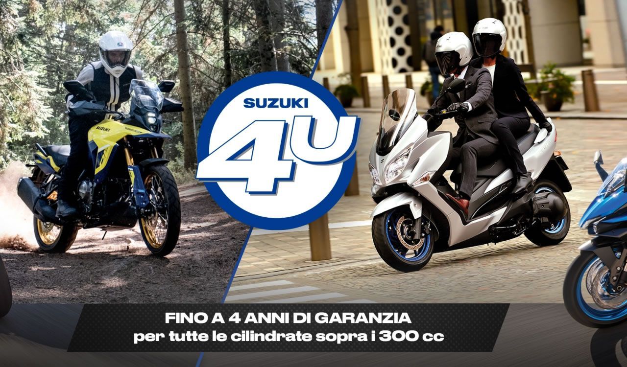 Visualizza la promozione Garanzia Suzuki 4U - Fino a 4 anni sulle cilindrate superiori a 300 cc